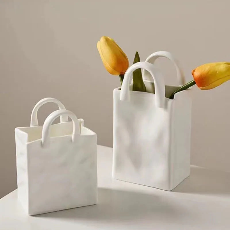 Modern Unique Shape Ceramic Porcelain Handbag Shape Flower Vase for Home Tabletop Decoration