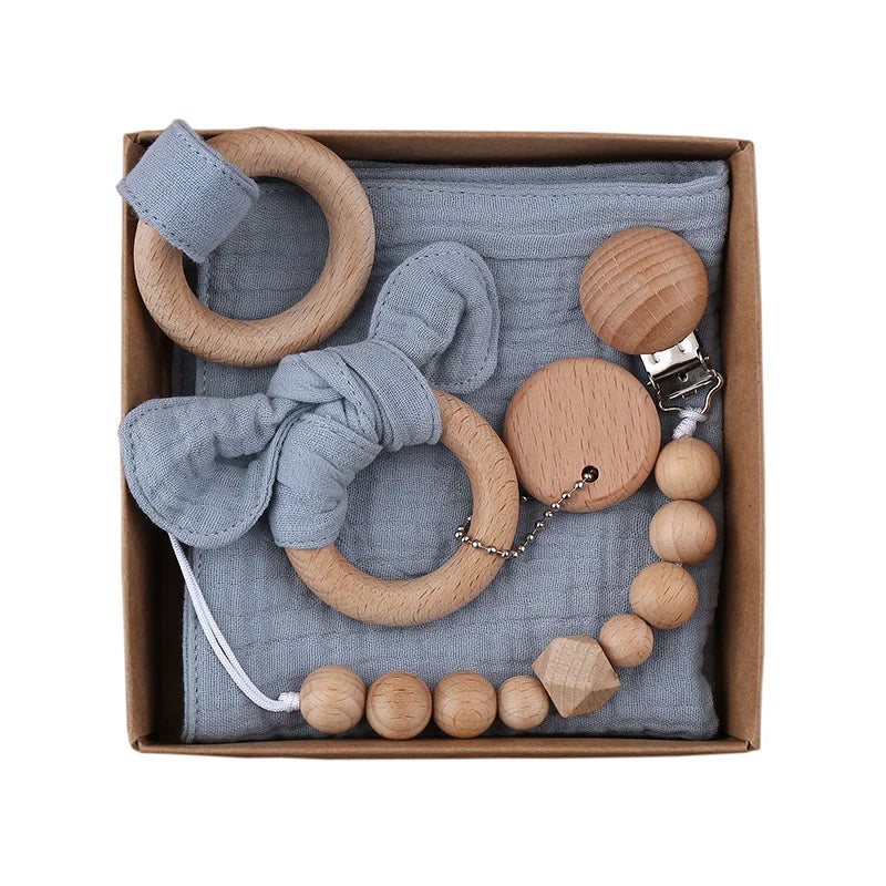 New Arrival Eco-friendly Breathable Baby Pacifier Chain Bow Knot Bracelet Wooden Ring Handkerchief-CPC Certified Newborn Gift