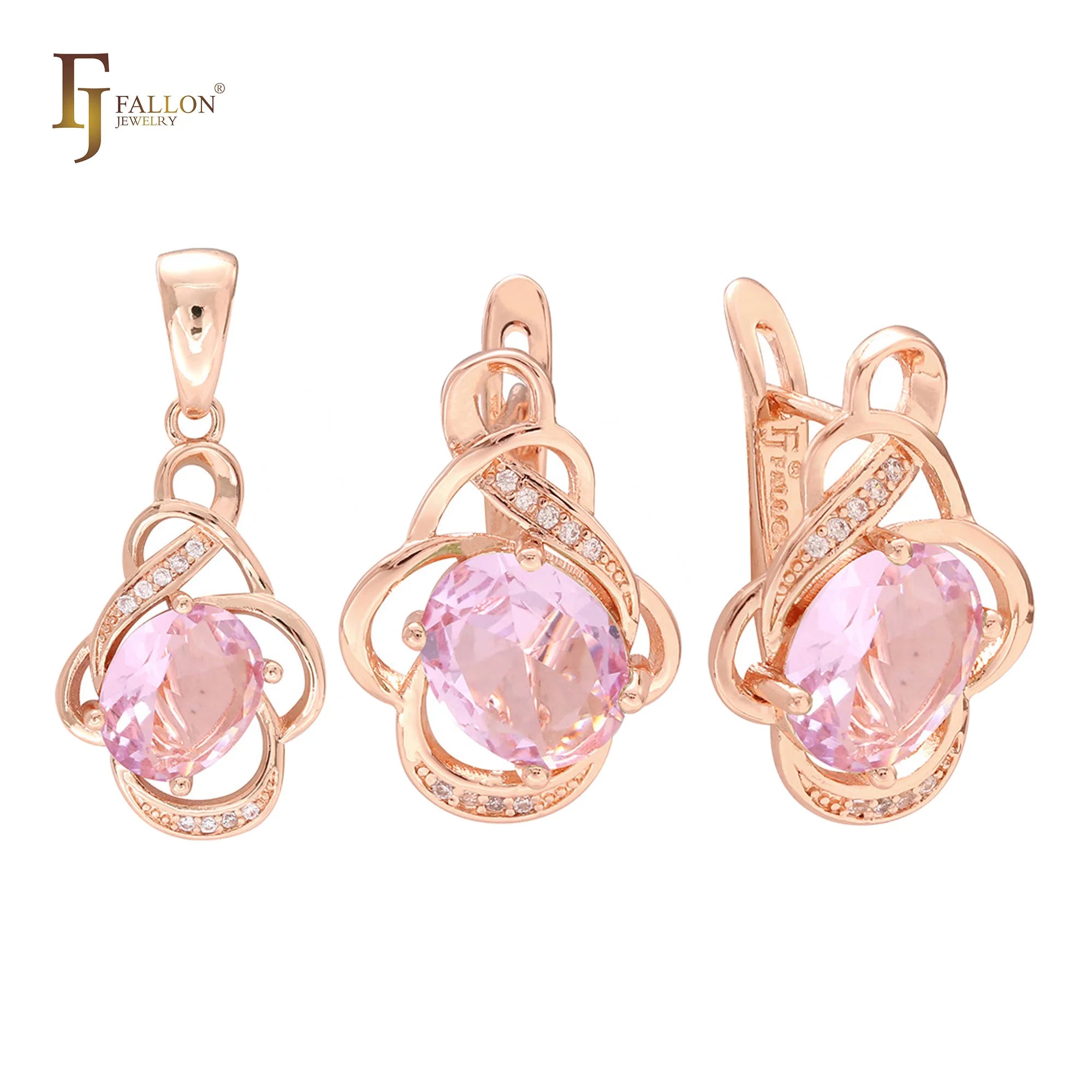 FJ Fallon Fashion Jewelry Set With Pendant Solitaire pink CZ Plated in Rose Gold Brass Based