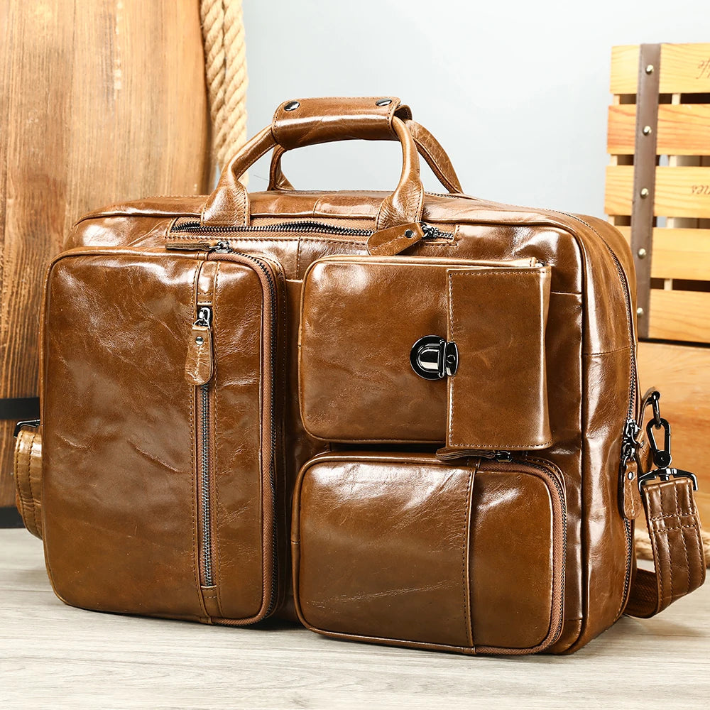 Custom Multi-functional Genuine Leather 17inch Laptop Bag Briefcase Backpack Leather Messenger Bag Handbag Briefcase for Men