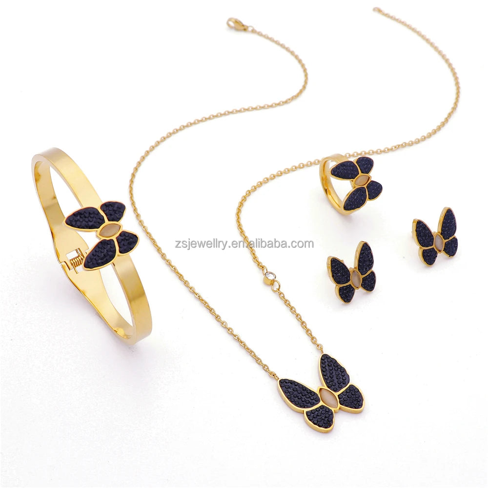 Stainless Steel Diy Women Butterfly Jewellery Black Diamond Set 18K Dubai Gold Plated Jewelry
