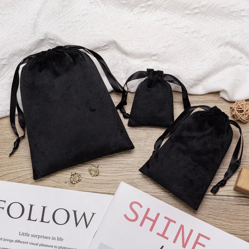 Luxury Super Soft Black Velvet Pouch for Shoes Jewelry Candle Cosmetic-Customized Drawstring Dust Bag (Recyclable)