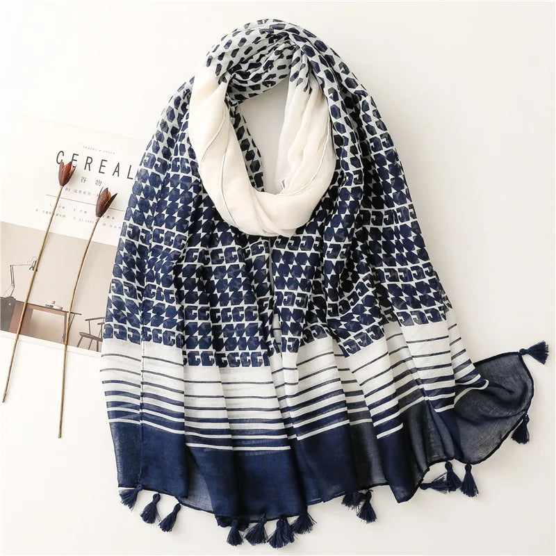 Spring Fashion Blue Cotton Scarf Women Geometry Big Scarf Scarf square Headscarf