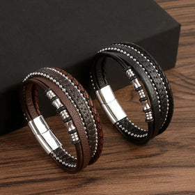 Luxury Stainless Steel Round Bead Chain Magnetic Clasp Multi-Layer Leather Bracelet for Men Charm Bangle Jewelry Gift