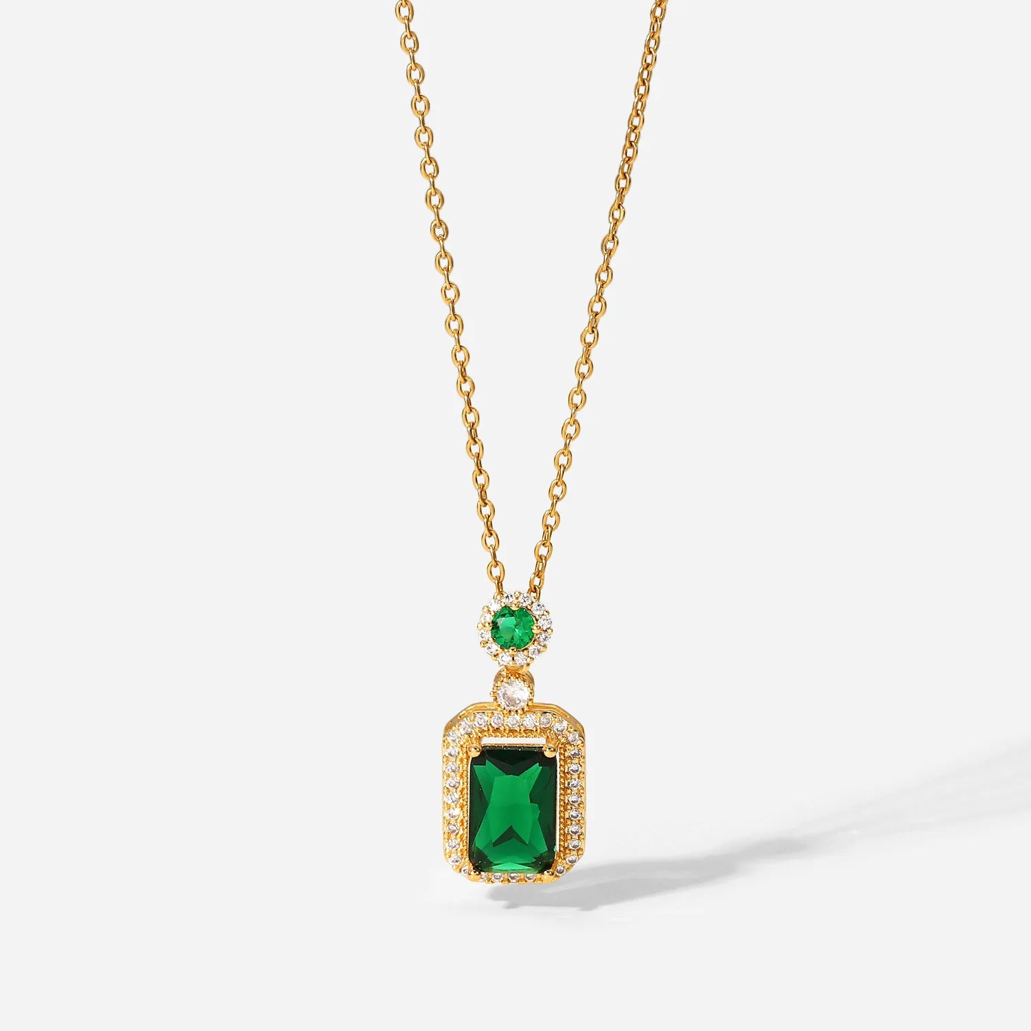 Luxury Vintage 18K Gold Plated Titanium Stainless Steel Square Emerald Zircon Pendant Necklace Women's Jewelry Chains