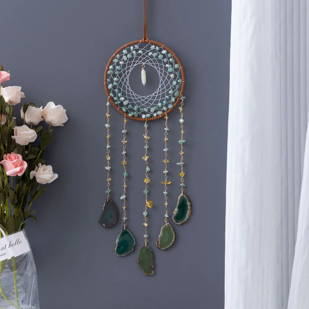 Handcrafted Green Aventurine Agate Wall Art Natural Healing Crystal Dreamcatcher for Bohemian Bedrooms & Meditation Spaces