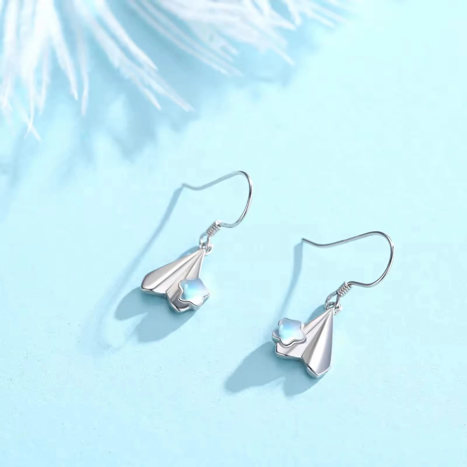 Wholesale 925 Sterling Silver Rhodium Plated Paper Plane Moonstone Star Hook Earrings