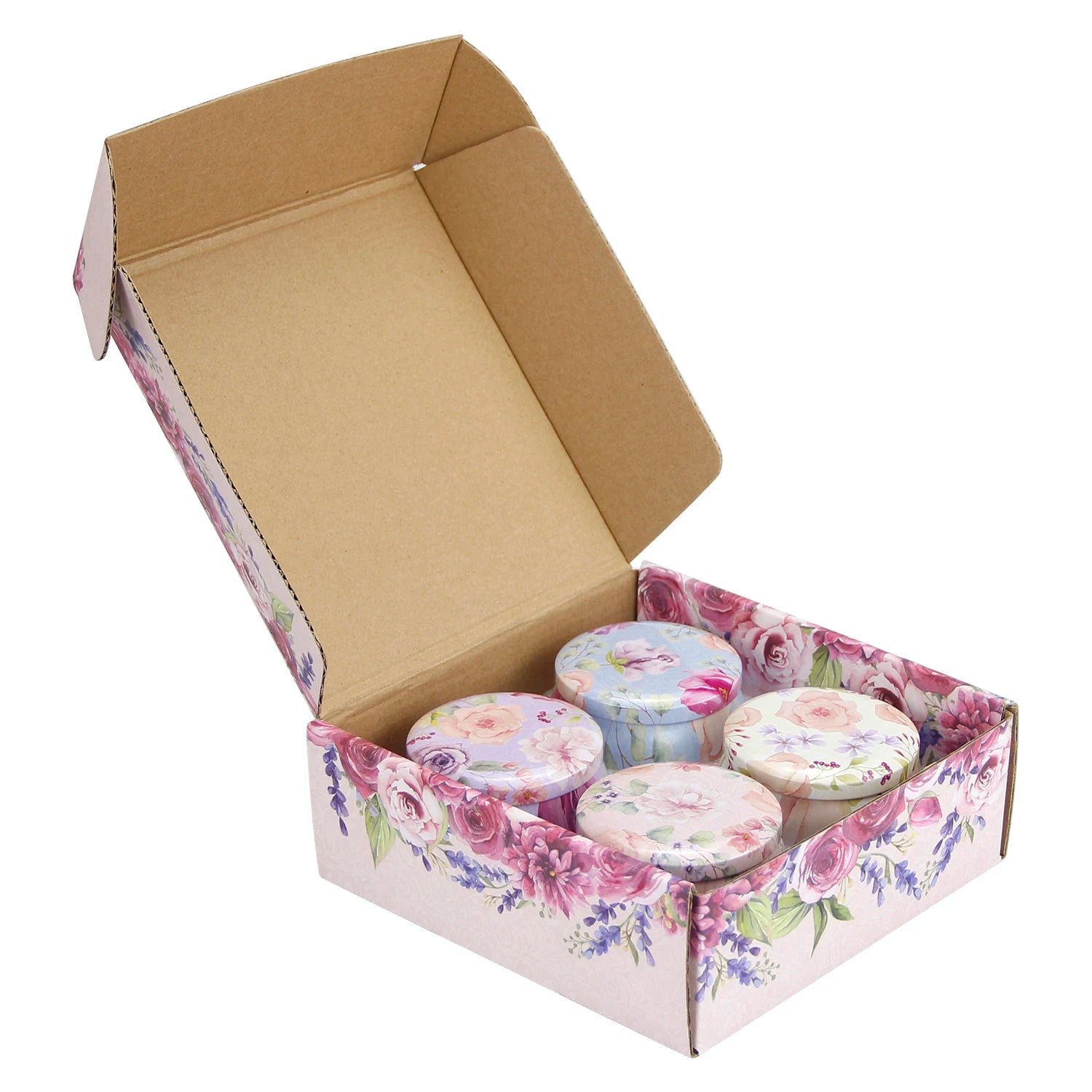 Ready to Ship Lovely Folding Flower Pattern Printed Gift Paper Box with Metal Candle Jars for Mother's Day  Wedding  Holiday