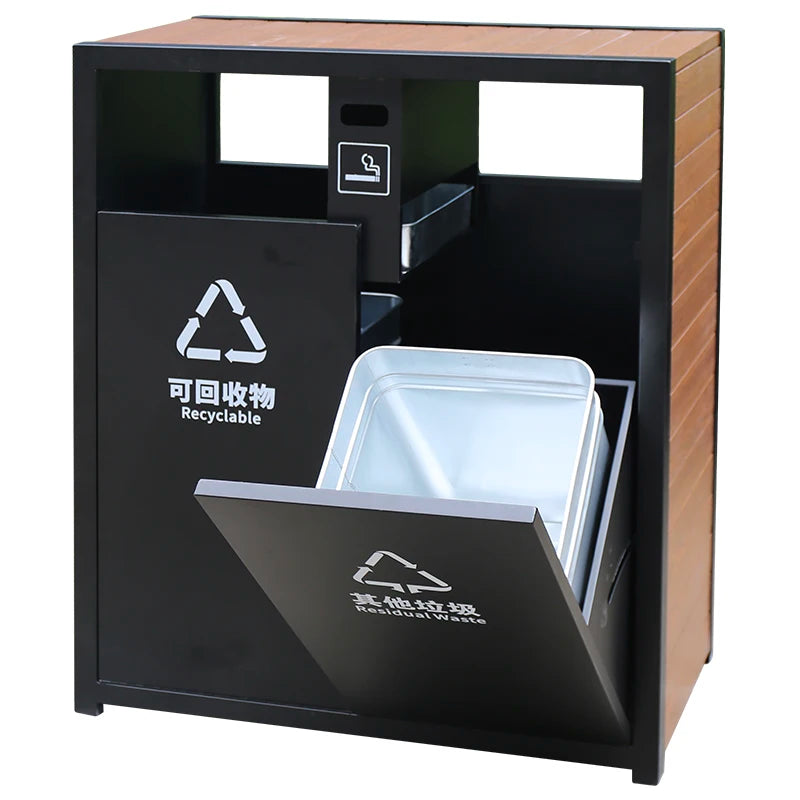 Outdoor Wood Dual Garbage Container Trash Can Outside Park Street Vintage Double Compartment Waste Bin Public Recycling Dustbin