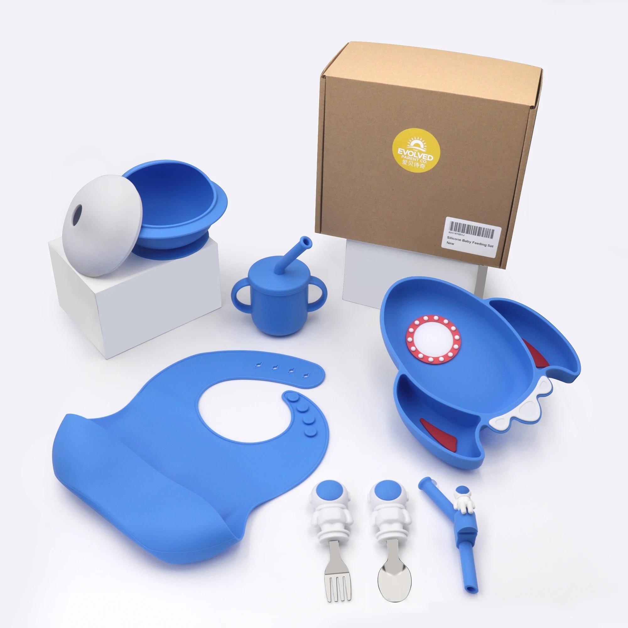 BPA-Free Silicone Kids Dining Tableware Set Astronaut Placemat with Spoon and Toddler Food Grade Bowl for Baby Feeding