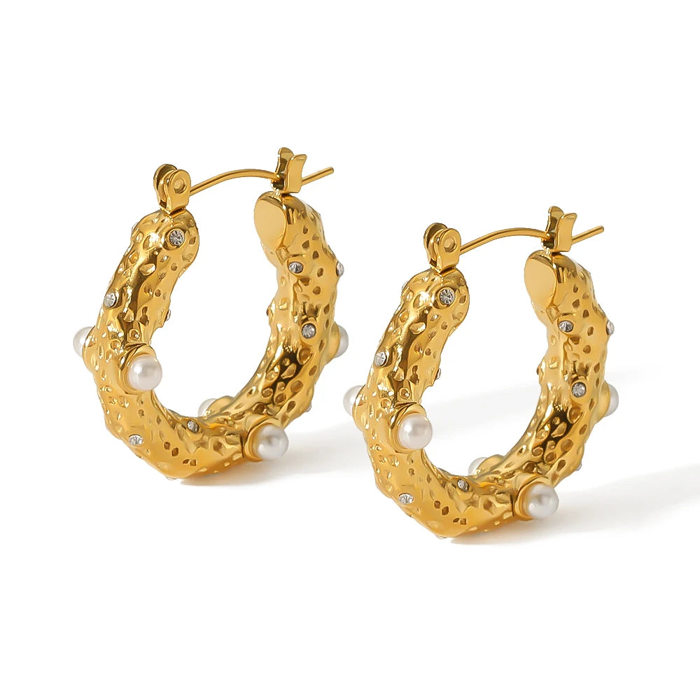 Plated Hammered Textured Shell Pearls Cubic Zircon Inlay CC Shape Women Earrings Luxury Trendy Opp Bag Gold Stainless Steel