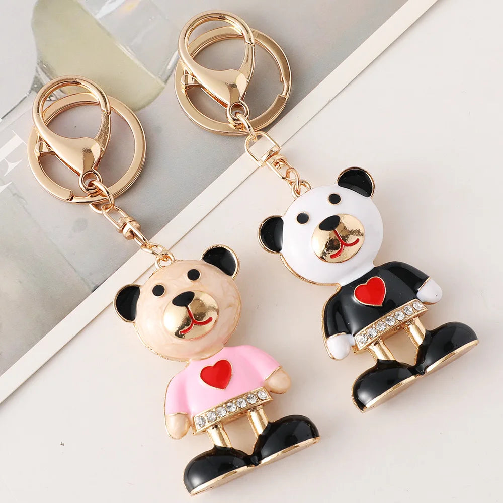 Dainty Gold Plated Cute Bear Bag Pendant Car Keyring Creative Enamel Heart Shaped Bear Charm Keychain Women Accessories