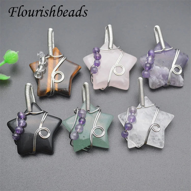 Wholesale Jewelry Making Silver Plated Natural Stone Tiger Eye Rose Quartz Amethyst Crystal Wire Wrapped Star Gemstone Pendant