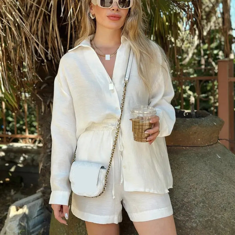 Enyami Spring Summer Cozy Fashion Casual Wear Beige Long Sleeve Blouse Leisure Loose Shorts Co Ord Sets Woman 2 Pieces