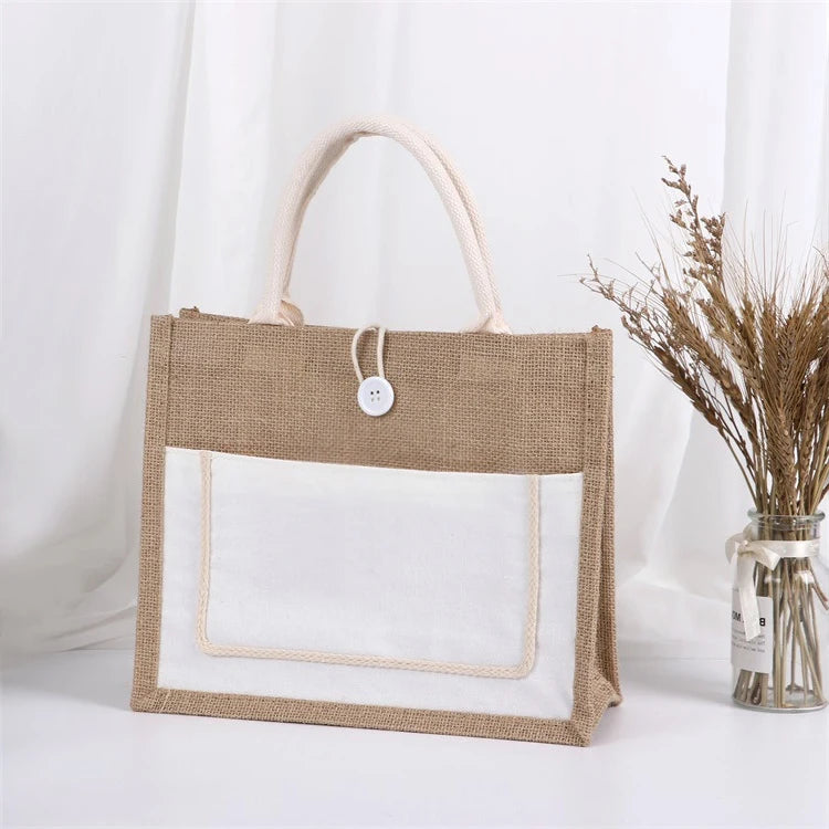 Hot Selling Recyclable Custom Logo Printed Grocery Shopping Burlap Jute Bag Tote Bag with Handle MegaBDM
