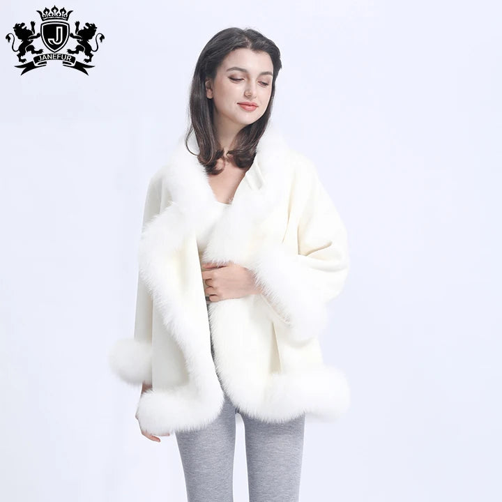 Wool Cashmere Wedding Women Poncho Shawl Elegant Fox Fur Cape With Real Fur