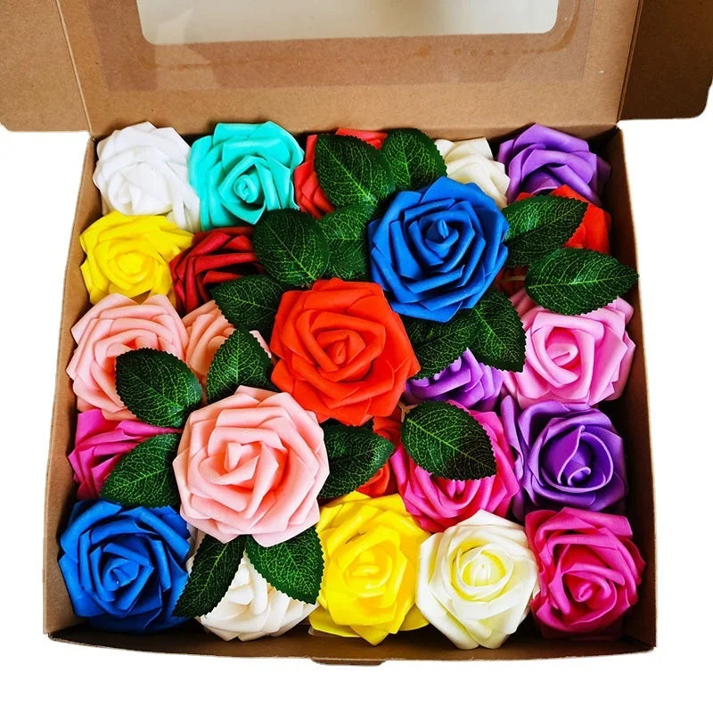3.1 Inch DIY Artificial Foam Roses Stem Leaves 25pcs for Valentine's Day Christmas New Year Wedding Other Celebrations