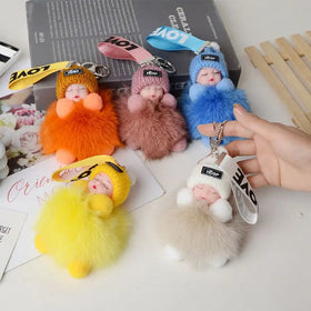 Kawaii Plush Sleeping Baby Doll Keychain Pompom Fur Puff Ball Colors Sweet Cute Baby Sleeping Keychain Fluffy Car Key Ring Charm