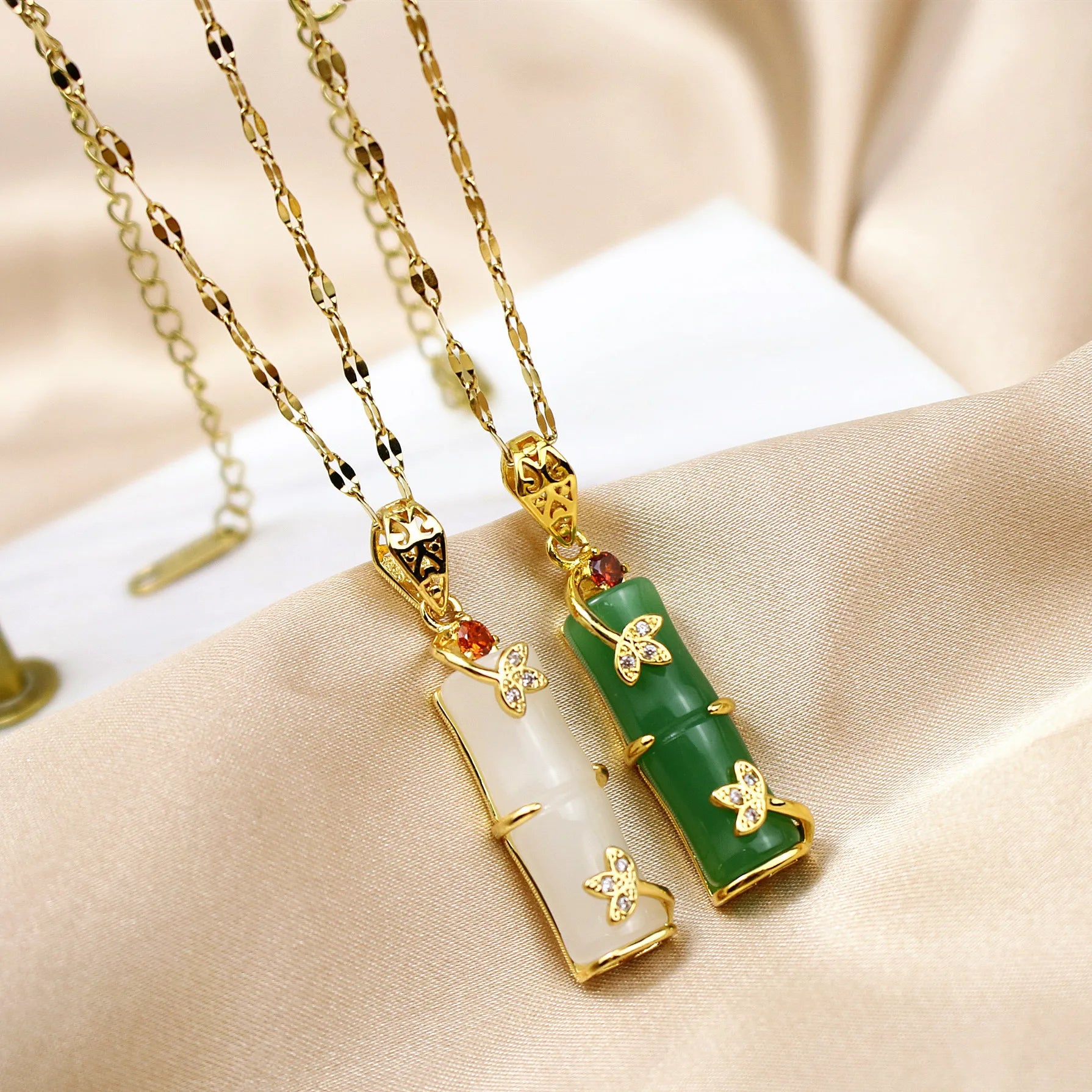 Gold Plated Stainless Steel Ecofriendly Long Bamboo Shape Pink Natural Jade Pendant Necklace for Women Girls Wedding & Party