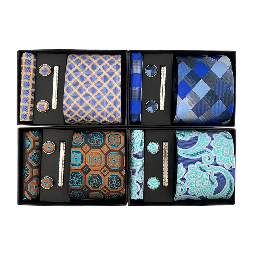 New Design 8cm Men Ties and Hanky Set Paisley Red Tie and Pocket Square Set With Tie Pin Cufflink Set in Black Gift Box