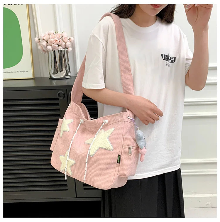 Large Capacity Women's Crossbody Tote Handbag Casual Star Pattern Corduroy Shoulder Bag for Travel and School Canvas Material