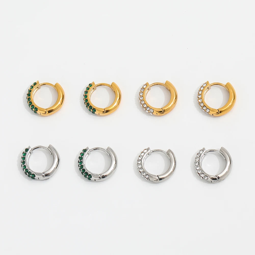 High End PVD 18K Gold Plated Green Zirconia Half Pave Huggie Earrings Stainless Steel Fashion Jewelry Wholesale