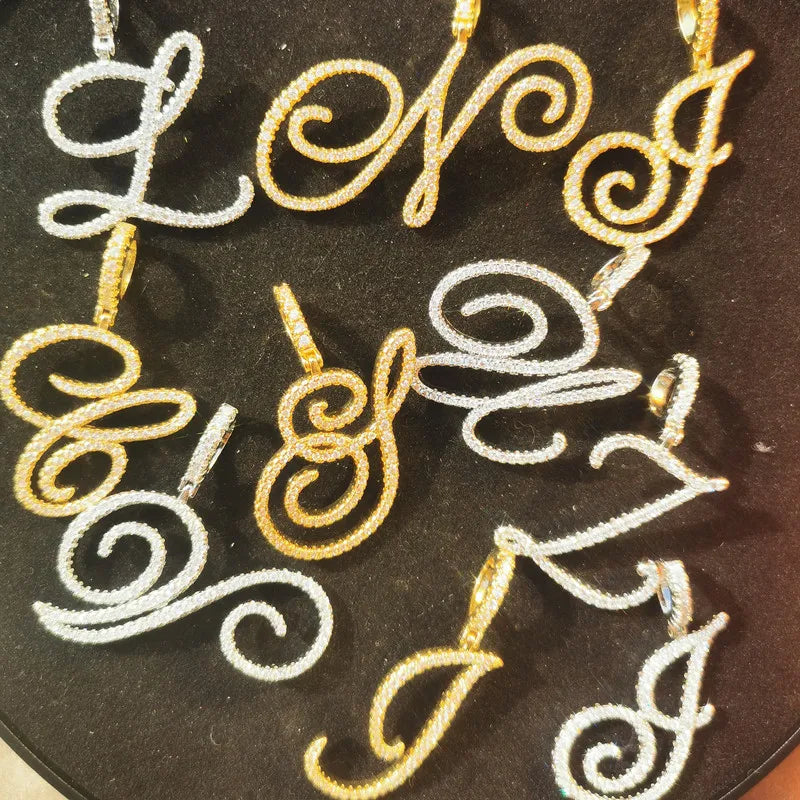 Custom Jewelry Rapper Hip Hop Bling Diamond Rhinestone Baguette CZ Cursive Initial Letter Pendant Necklace