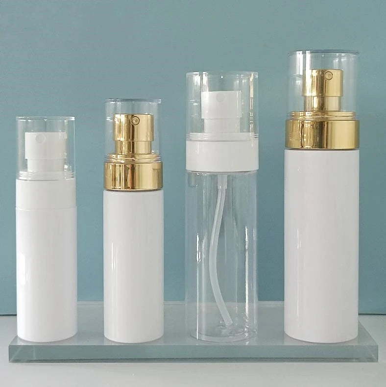 Wholesale 30ml 50ml 60ml 80ml 100ml White Golden Pump Plastic Lotion Bottle Cosmetic Packaging Mist Spray Bottle With Lid