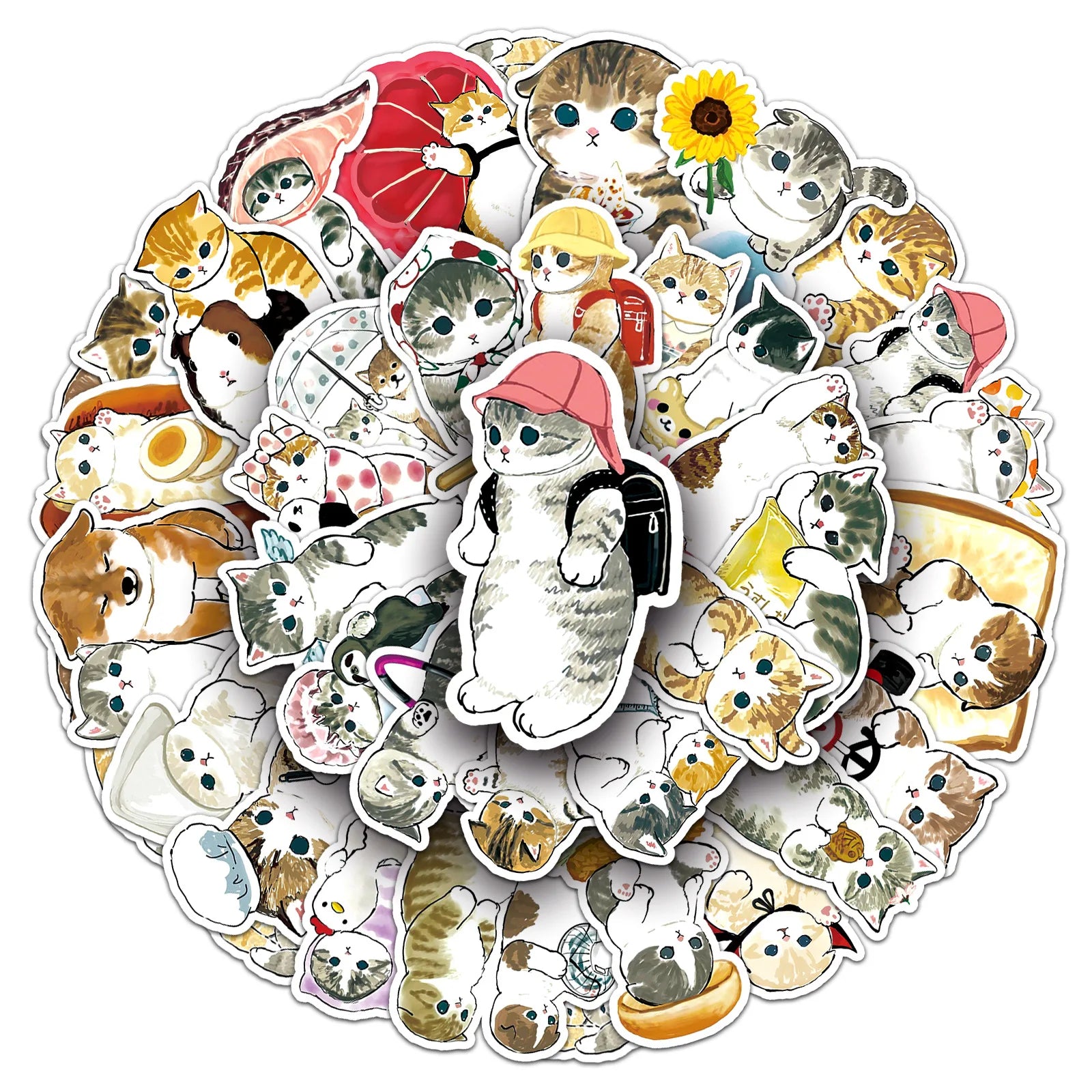50 Pcs Cute Graffiti Cat PVC Waterproof Stickers for Skateboard Laptop Table Pencil Case Refrigerator and Books