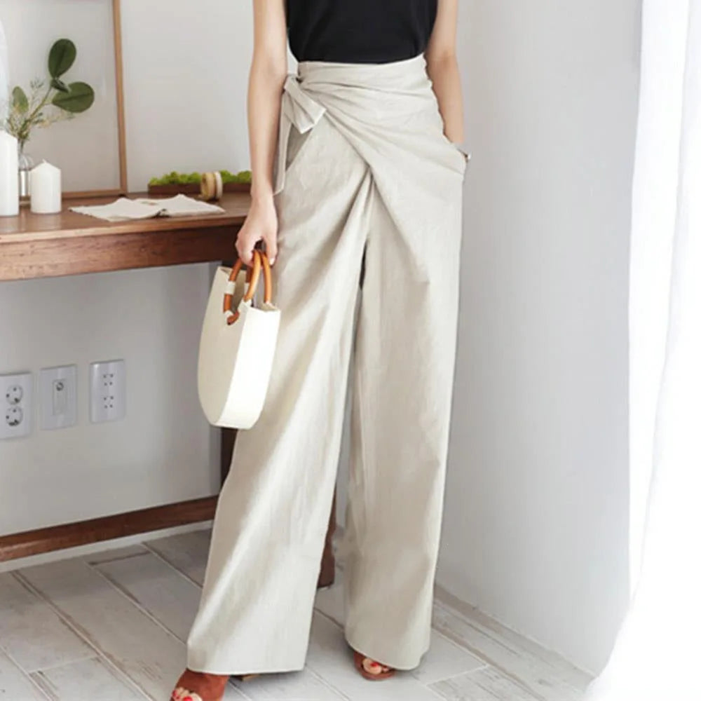 Casual Style Solid High Waist Lace up Casual Fashion Pants Women's Loose Wide Leg Pants 6 Color