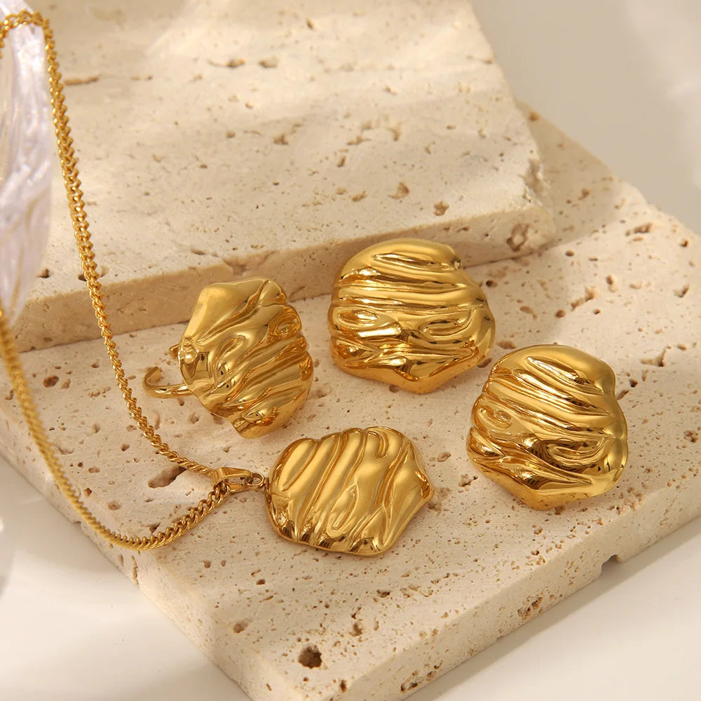 Fashion Texture Stainless Steel Pendant Necklace Earrings Ring Set Non Tarnish Pendant Necklace for Women