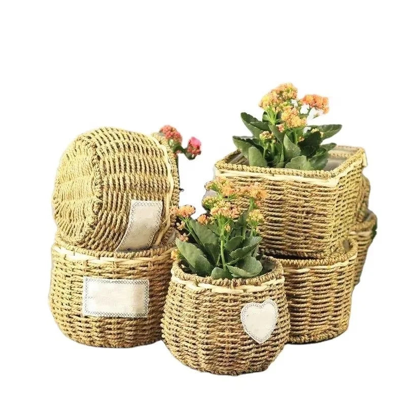 Straw Flower Basket Weaving Portable Wood Chip Floral Decoration Basket Succulent Nordic Flower Pot Rattan Flower Basket