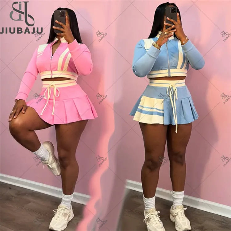 Color Block Women Casual 2 Piece Set Stand Collar Full Sleeve Zipper Jackets Crop Top + High Waist Skirt Set
