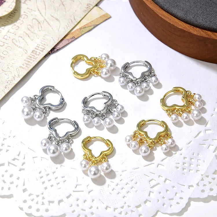 EM1332 18K Gold Plated Brass Triple Ball Pearl CZ Mirco Pave Cross Dangle Charms Huggie Hoop Earrings