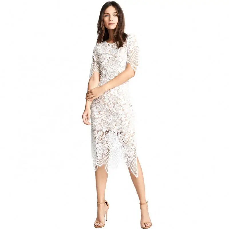 Casual White Lace Crochet Dress Half Sleeve Midi Bodycon A-Line with Natural Waist Plus Size Half Sleeve slip Midi Bodycon Dress