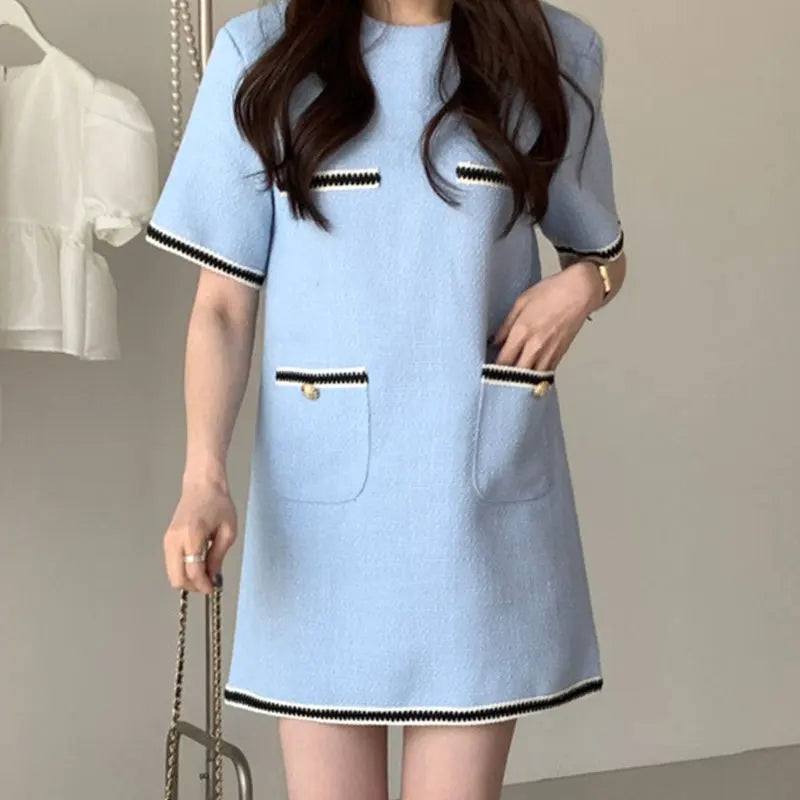 Wholesale 2026 Korean Chic Summer Simple Round Neck Contrast Color Trim Pocket Design Loose Short Sleeve Tweed Dress
