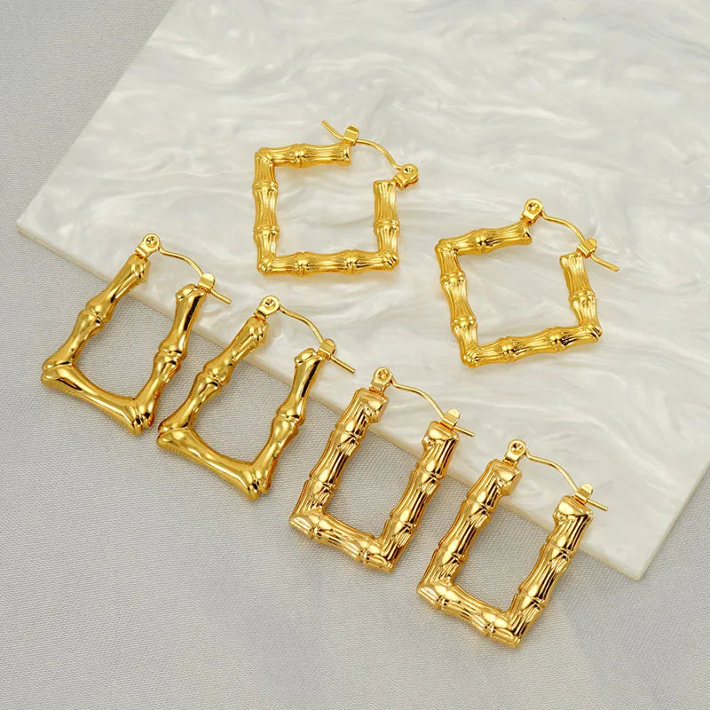 BM Hypoallergenic Gold Titanium Steel Bamboo Rhombus Earrings