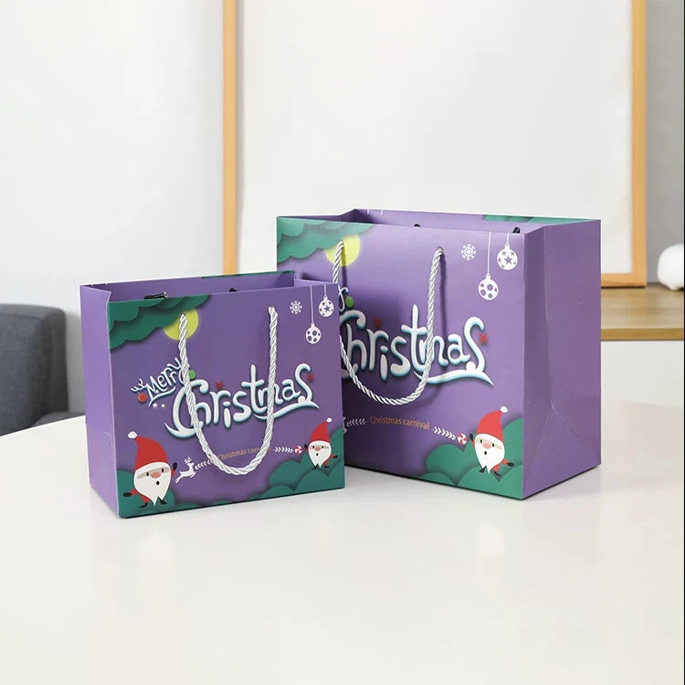 Custom logo Cheap Cardboard Paper Shopping Bag Drawstring Christmas Purple Gift Bags with Handles
