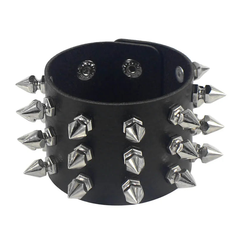 Wholesale Three Row Cuspidal Spikes Rivet Bracelet Wide Cuff PU Leather Goth Punk Rock Bangle for Women Men