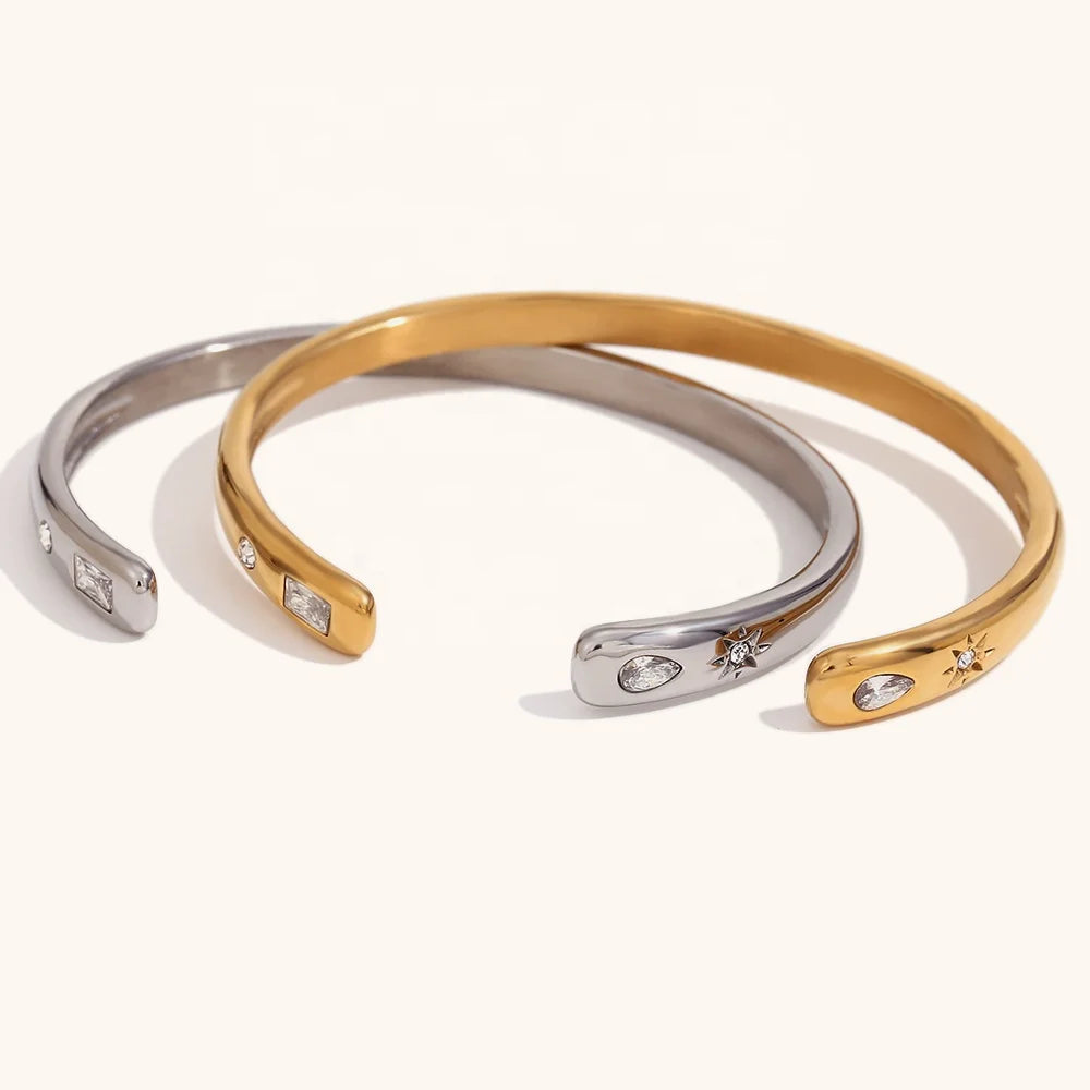 Dingran Fashion Water Drop Square Zircon Open Cuff Bnagles Gold Plated Tarnish Free Jewelry