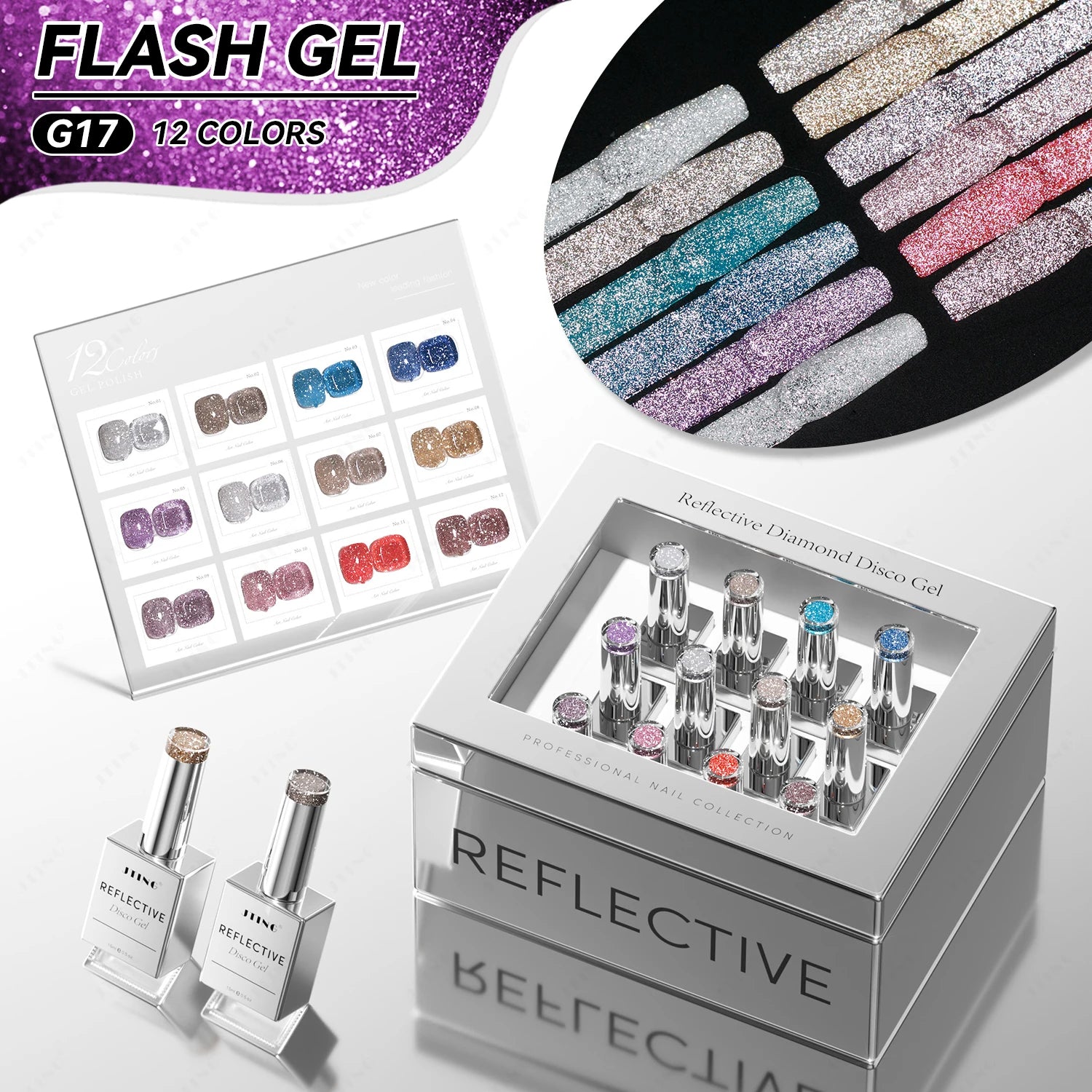 JTING Super Trend 12colors Reflective Disco Gel Polish Collection with Unique Laser Set Box Diamond Glitter Gel Nail Polish