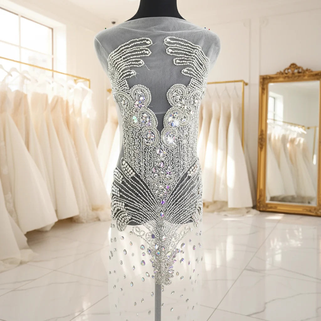 W005 New Bridal Dress Sew-On Beaded Applique Patch with High Quality Crystals and 8 Facets for Wedding Gown