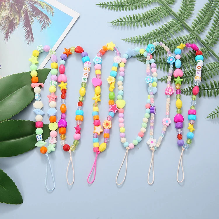 RisingMoon Wholesale Cute Plastic Beads Phone Chain Fashion Colorful Beaded Cell Phone Charm  Strap