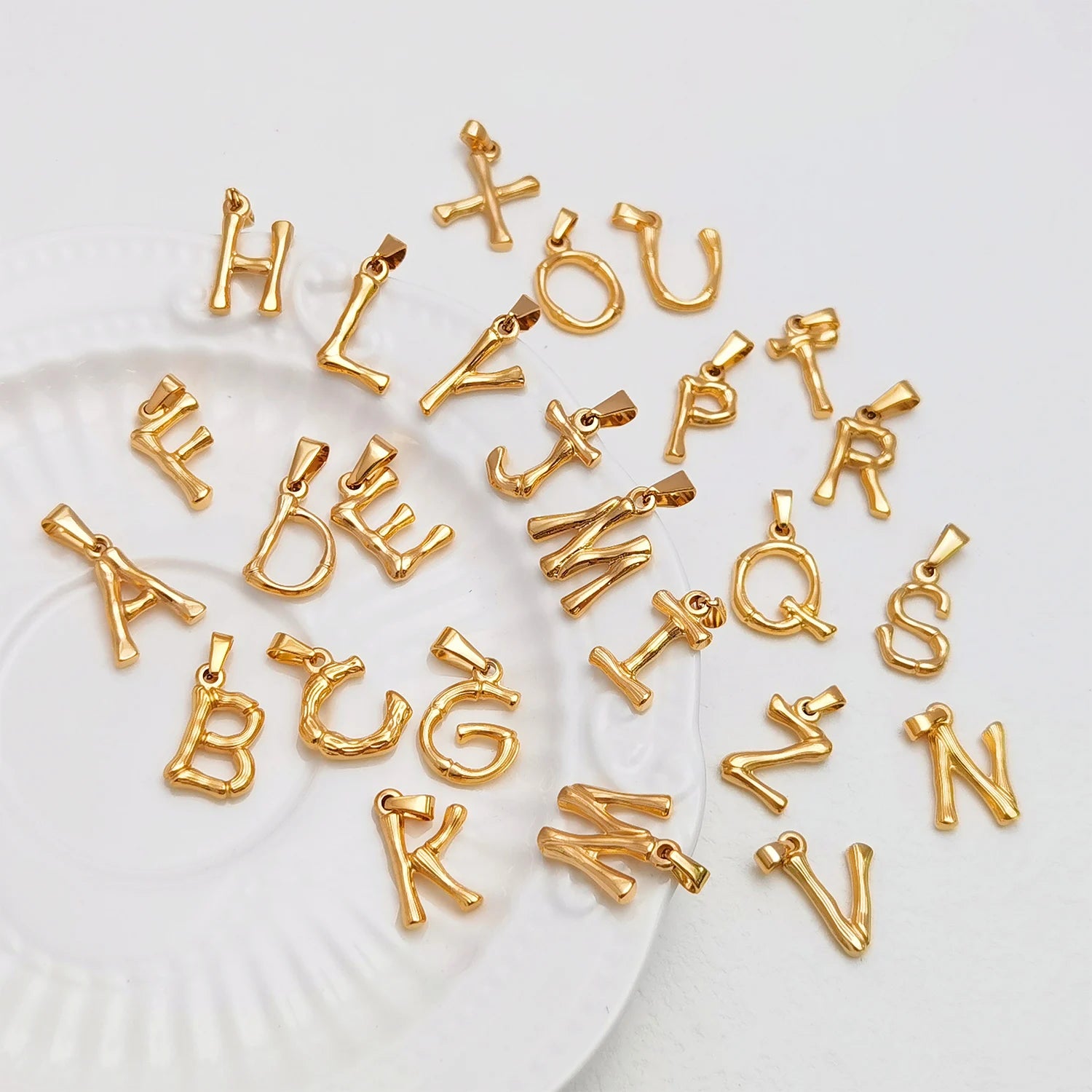 18K Gold Plated  Bamboo Letter Pendant 26 Letter Alphabet Charm Vintage Stainless Steel  a B V U G T Charm Initial  Necklace