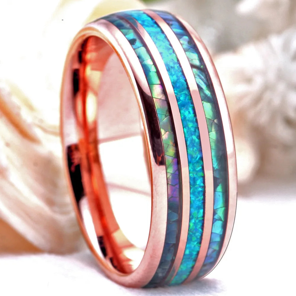 Classic Black 8mm Stainless Steel Fill Red Fire Opal Rainbow Abalone Shell Inlay Ring Best Gifts for Men Wedding Ring Jewelry