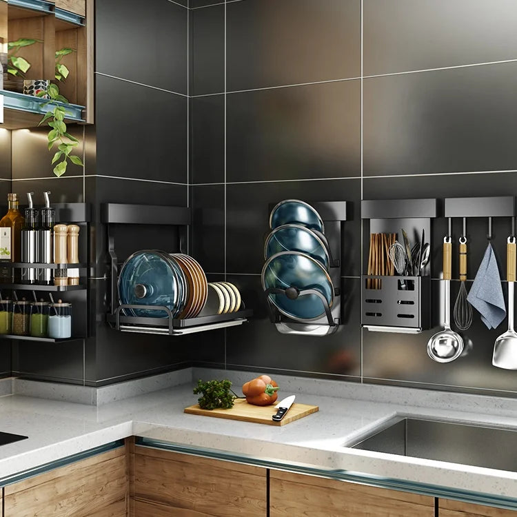 New Style Non-perforated Kitchen Stainless Steel Wall Hanging Organizer Anti Rust Pot Lid Rack Accessories Organizer