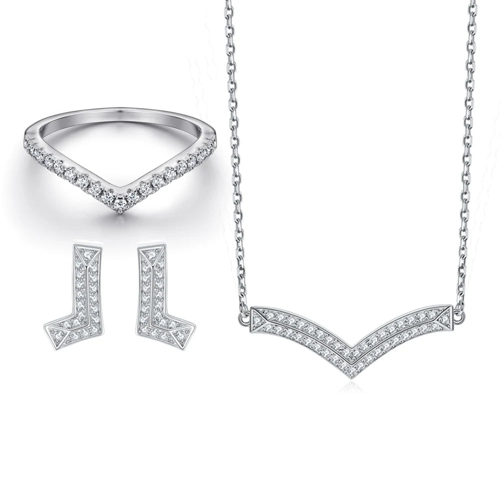 High Quality Luxury V Shape 925 Sterling Silver Necklace and Earrings Jewelry Set with Cubic Zircon