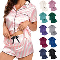 Custom Logo Girls &  Women's Striped Silky Satin Pajamas Short Sleeve Top with Shorts Sleepwear PJ Set Drawstring Short