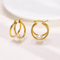 Elegant Women Design PVD Gold Plated Double Layer Pearl Hollow Hoop Earring