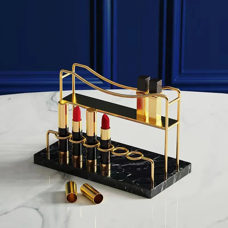 Wholesale Natural Marble and Metal Gold Glitter Luxury Lipstick Tube Organizer Display Holder